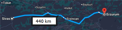 sivas erzurum arası harita 440 km
