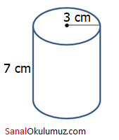 taban yarıçapı 3 cm, yüksekliği 7 cm olan dik silindir
