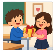 Birbirine hediye veren iki çocuk