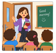 Sınıfa giren öğretmen, öğrencileri selamlıyor