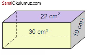 Yüzey alanları 10, 22 ve 30 cm² olan dikdörtgenler prizması