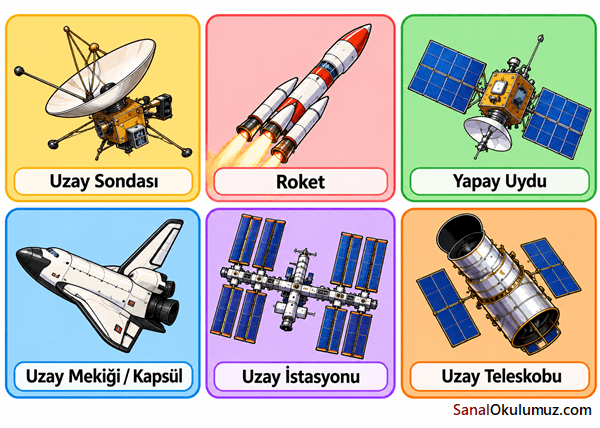 Uzay sondası, roket, yapay uydu, uzay mekiği/kapsülü, uzay istasyonu ve uzay teleskobu