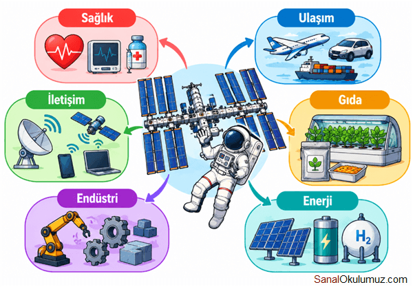 Uzay teknolojilerinin kullanım alanlarının oklarla bağlandığı infografik