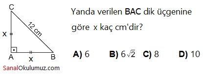 dik kenarları x ve x, hipotenüs 12 cm olan dik üçgen